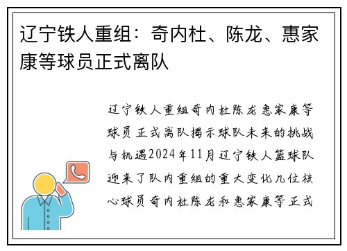 辽宁铁人重组：奇内杜、陈龙、惠家康等球员正式离队