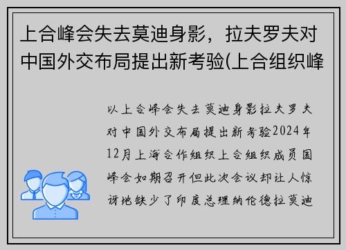 上合峰会失去莫迪身影，拉夫罗夫对中国外交布局提出新考验(上合组织峰会)